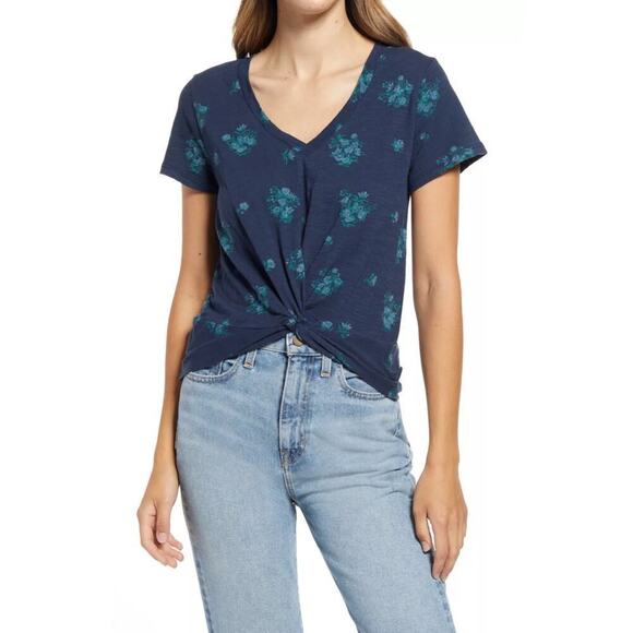New Lucky Brand Women's Twist Front Floral Print Cotton Top T-Shirt - Picture 3 of 7